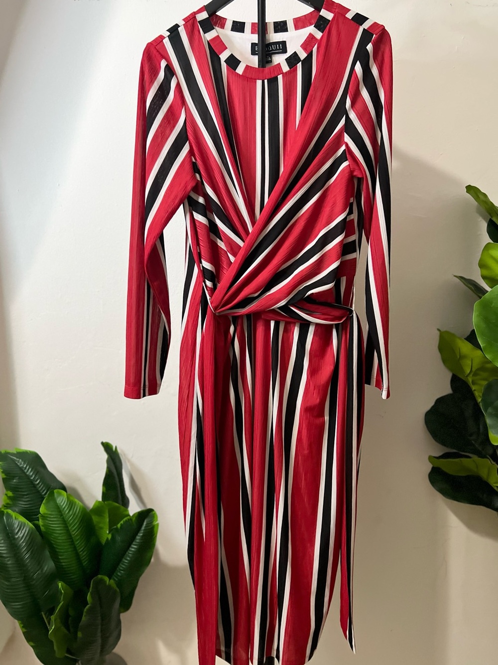 Eloquii Red Striped Faux Wrap Midi Dress Tie Waist Long Sleeve Size 16 Plus